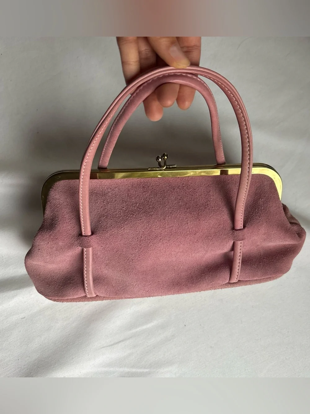 American Vintage Pink Suede Frame Clutch with Gold Trim